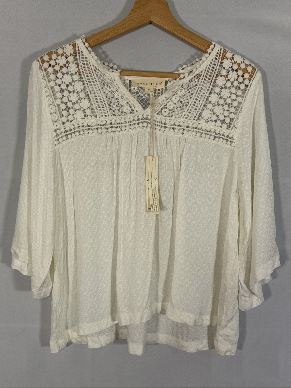 LoveStitch Women’s Medium Ivory Boho Lace Crochet Peasant Blouse Bell Sleeves. - Picture 2 of 13